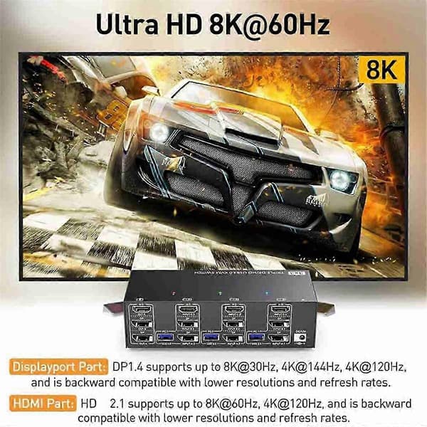 egnet til 4k@144hz kvm switch 3 skærme 3 computere, 2 displayport, 8k@30hz, 4 usb-porte