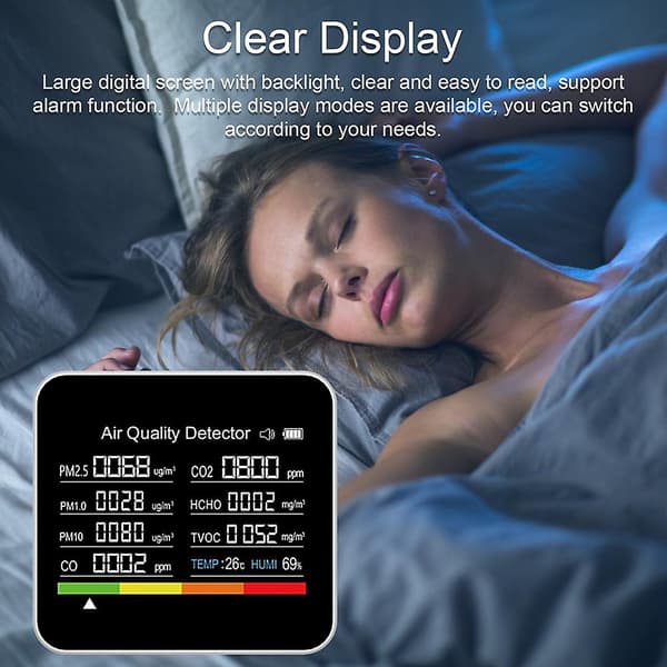 9-i-1 Luftkvalitetsmonitor CO2-måler Karbondioksiddetektor CO2 CO TVOC HCHO PM2.5 PM1.0 PM10 Temperatur