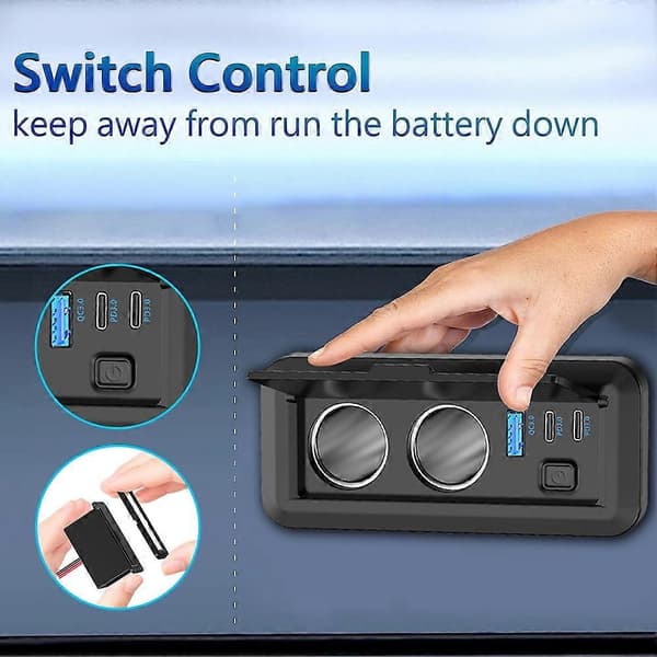 Double Lighter Socket 78W 12V USB Socket Dual USB-C PD & QC3.0 Car Charger Port with Switch for Bus Boat