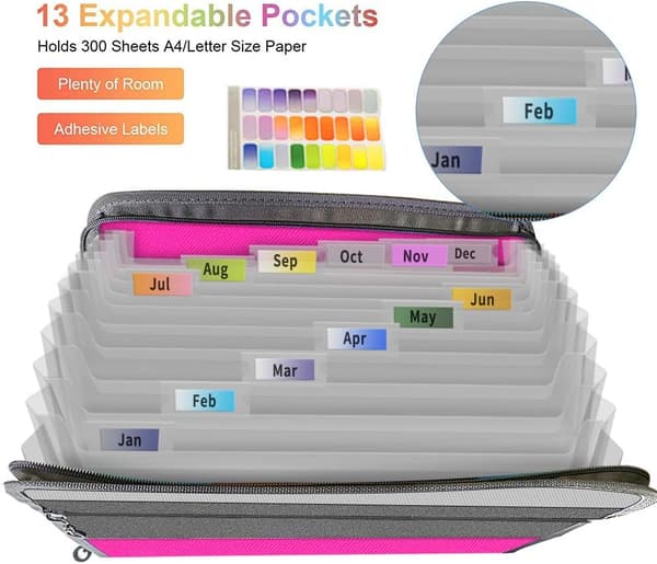 1 Piece Expanding File Organizer, Fun Storage Document Folder Box Files, 13 Pockets Zipper Archive Folders Pink