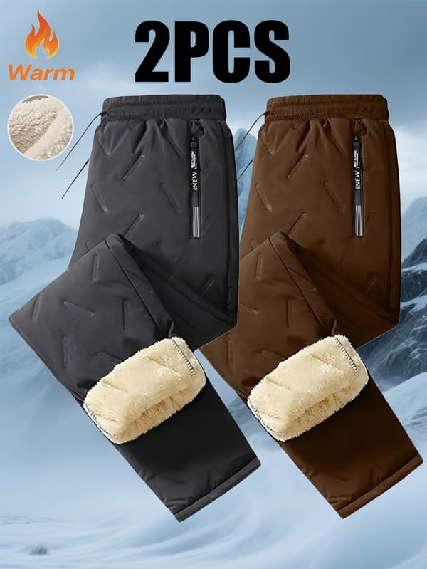 2-pack vintertermobyxor för män med fleecefoder, dragkedjefickor och elastisk midja, svart+brun Black+Brown M