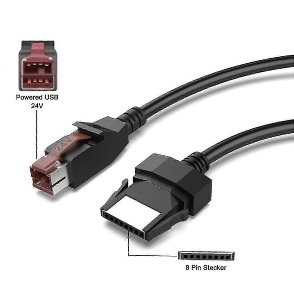 24V strømforsynet USB til 8-bens datakabel til printere og POS-systemer, 1,8 m holdbar sort