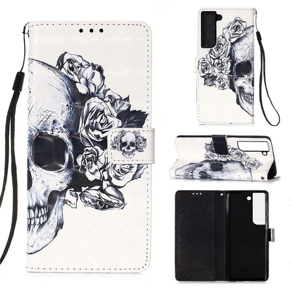 För Samsung Galaxy S23 5G 3D-målning Horisontellt vikbart läderfodral Skull