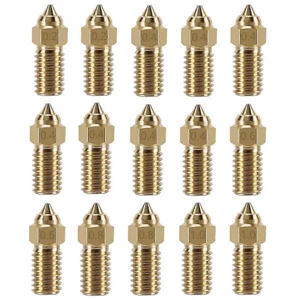 15 stk. messingdysekit til 4, 3D-printer 7 stk. 0,4 mm og 2 stk. 0,2 mm, 0,6 mm, 0,8 mm, 1,0 mm dysekit