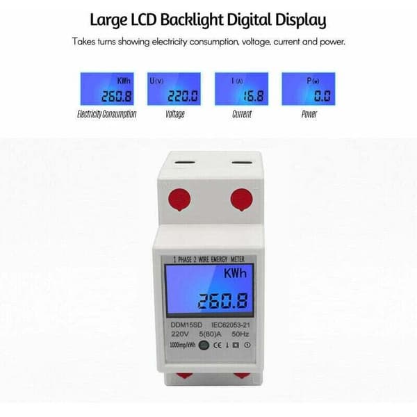 Single Phase DIN Rail Energy Meter 5-80A 220V 50Hz with LCD Backlit Digital Display White DDM15SD