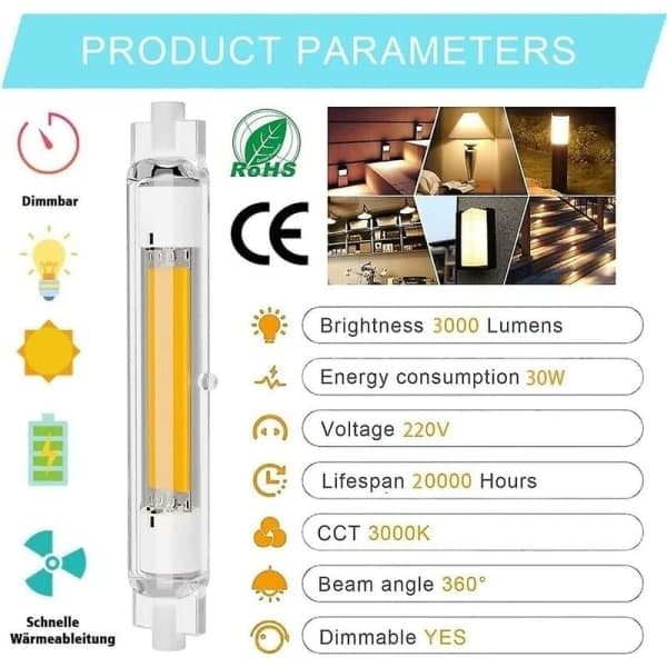 [13]R7s 118mm 30W Dimmable LED Bulb, Warm White 3000K, Flicker-Free
