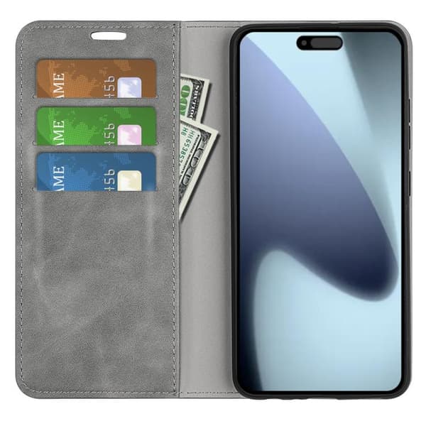 iPhone 17 Skal läderfodral med retro-skin och magnetisk sug Grå