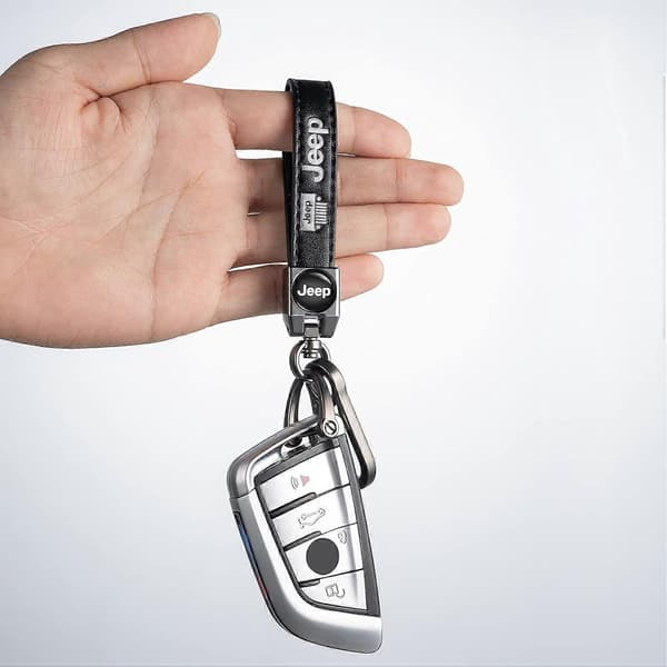 Nøglering i ægte læder til bilnøgle til Jeep bilnøglefob nøglering Wrangler Compass Cherokee mænd og kvinder, bilnøgle sort