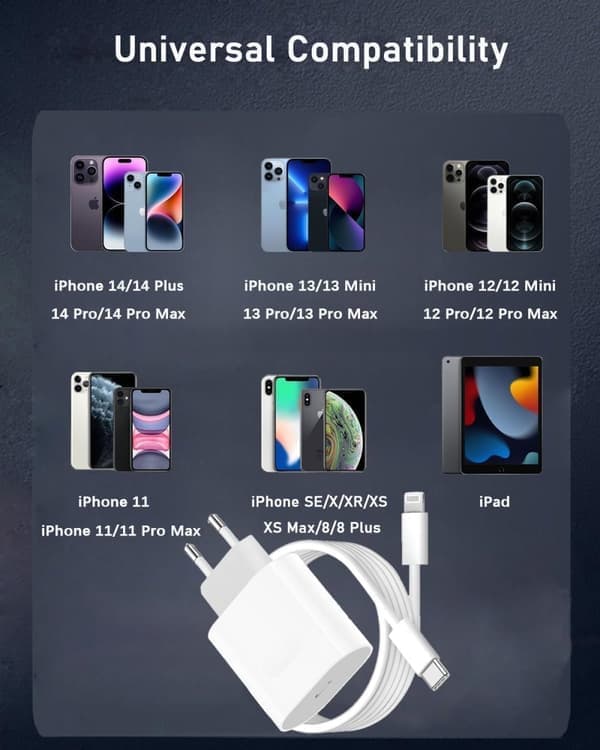 Hurtiglader for iPhone 14/14 Pro/14 Pro Max / 14 Plus 13 12 11, 20W Original USB C Strømadapter, Hurtigladekontakt med 2m Kabel