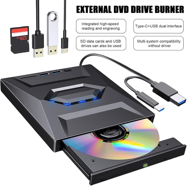 USB 3.0 Type-C External CD DVD Drive, External DVD Drive with USB SD/TF Card Reader, RW Burner, External Writer
