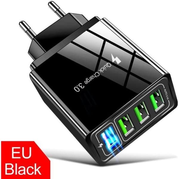 Oplader - QC 3.0 - Sort - Hurtig opladning - Overstrømsbeskyttelse - USB Hub Adapter med LED