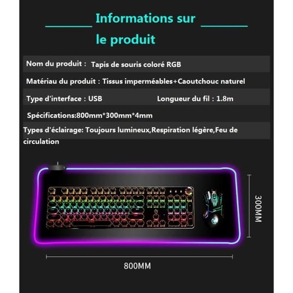 XXL RGB Gamingmusematte med 12 lysmoduser, 800 x 300 x 4 mm, ekstra stor spillmatte