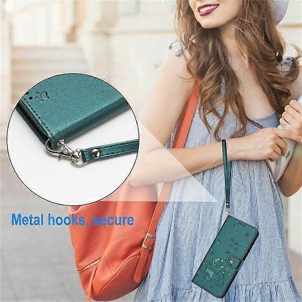 For Oppo A5 Pro /Oppo A5 Pro 5G Wallet Case Cats Embossed Leather Phone Case with Strap Blackish Green