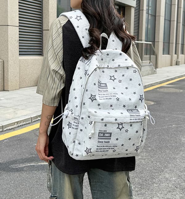 American Backpack with Star and Letter Motif, Multifunctional Lightweight Nylon School Backpack for Middle and High School Black