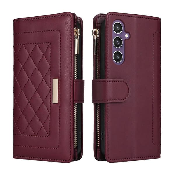 【13】Zipper Wallet Leather Case For Samsung Galaxy S24 FE 5G Wine Red