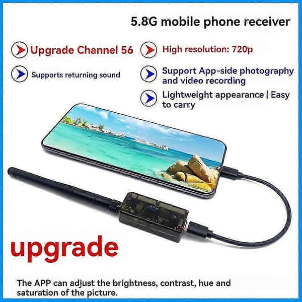Egnet for Android-telefon, datamaskin, smarttelefon 5.8G 56Ch Audio FPV-mottaker 720P UVC OTG-sender-JK Black