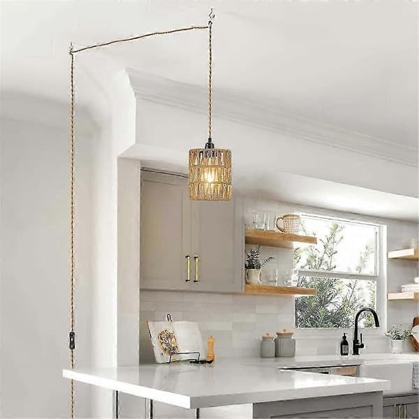 egnet for boho plug-in pendellampe med rottingsylinder-skjerm BrownBlack