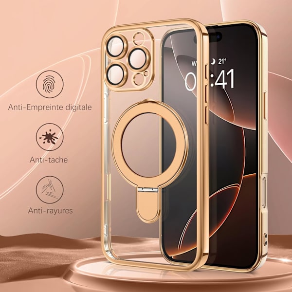 iPhone 16 Pro Max Case [Compatible with Magsafe], Invisible Ring Stand Clear Back Shockproof Protection, Desert Titanium
