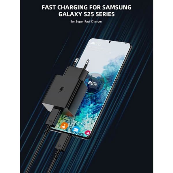 60W USB-C Fast Charger for Samsung Galaxy S26 Ultra/A17/A16/A56/A36 – USB-C Wall Plug with 1m Black USB-C Cable