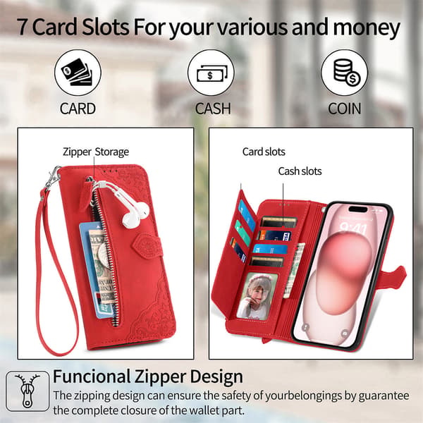 Suitable for iPhone mobile phone case - mobile phone leather case flip case embossed card slot leather case Red iPhone 13 iPhone 13 Red