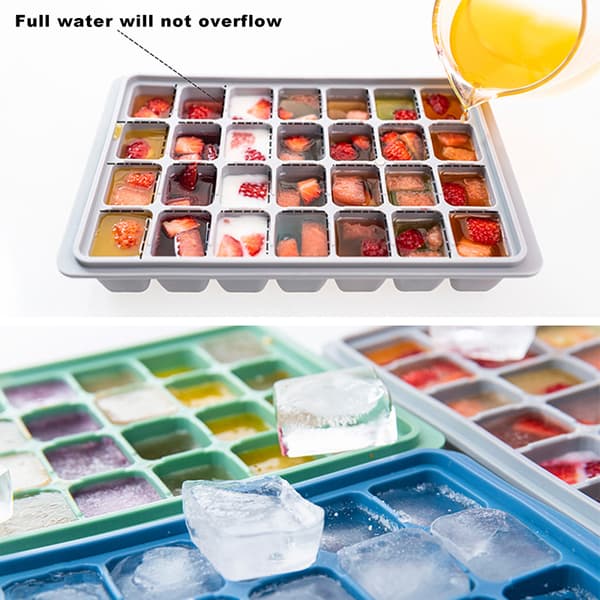 [13]2-Pack Silicone Ice Cube Trays with Lids – 56 Square Ice Cubes, BPA-free, Green & Blue