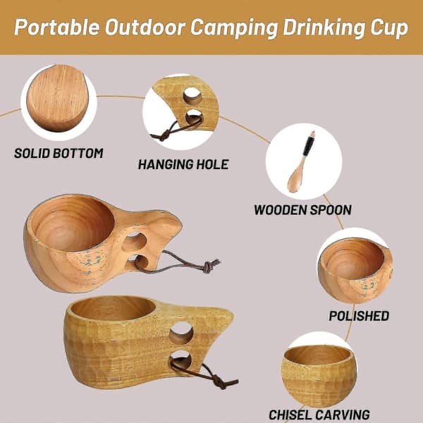 2-pack träkåsa bärbar utomhus campingmugg med träsked och läderrem A
