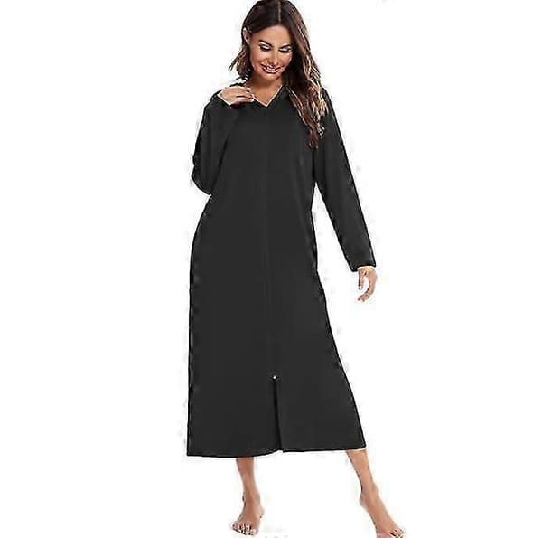 Lang hettebadekåpe med glidelås for kvinner, gulvlang badekåpe med lommer black 2XL