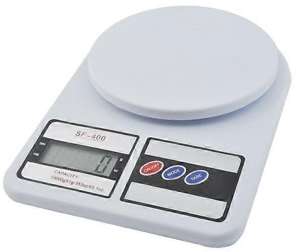 Digital köksvåg, 10 kg kapacitet, 1g noggrannhet, vit, LCD-display, tarafunktion