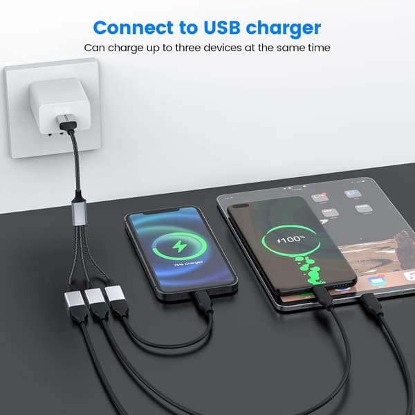 2025 Senaste Modell 3 i 1 USB-splitterkabel, Bärbar USB 2.0-hubb för laddning, dataöverföring, bärbar dator, Mac Silver 1-pack