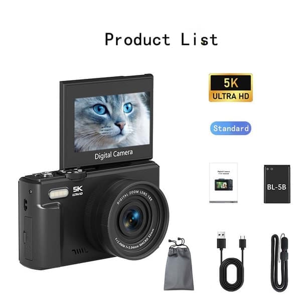 5K Rotatable Screen Vlog Micro Single Camera - 75MP, 18x Zoom White Black
