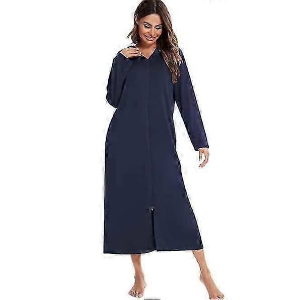 Lang hettebadekåpe med glidelås for kvinner, gulvlang badekåpe med lommer navy blue L