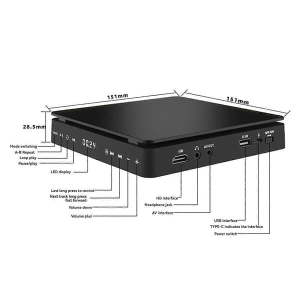 Portable DVD Player HDMI-Compatible with AV Output and CD Player Jack
