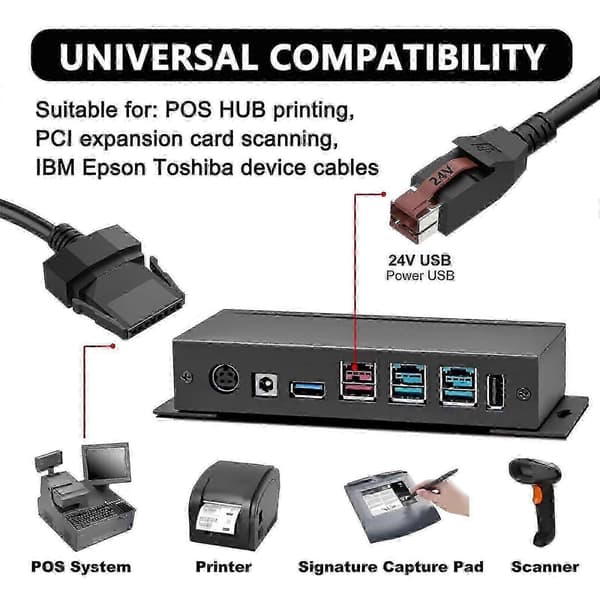 24V strømforsynet USB til 8-bens datakabel til printere og POS-systemer, 1,8 m holdbar sort