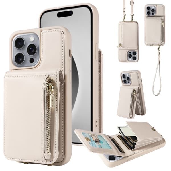 [13R] iPhone 16 Pro Max-deksel med kryssrem og glidelås, lærfutteral Beige