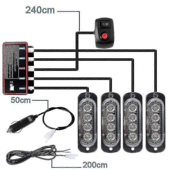 4 stk 4LED Strobelys 12V Strobelys 4 i 1 Bil Nødlys Beacon Nødlys Blinkende Lys (