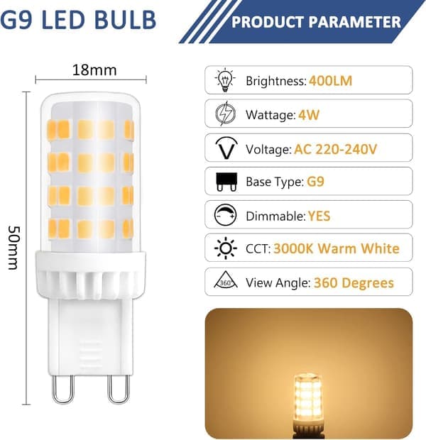 [13]Dimmable G9 LED Bulb, 4W Equivalent to 40W Halogen, 480 LM, Warm White 3000K, Standard G9 Base, 360° Beam Angle with 6-Pack