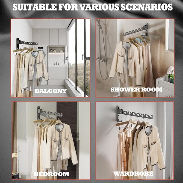 [13]Wall Mounted Clothes Rack Black Clothes Drying Rack Organizer Clothes Hooks Aluminum Retractable - Black 2-pack