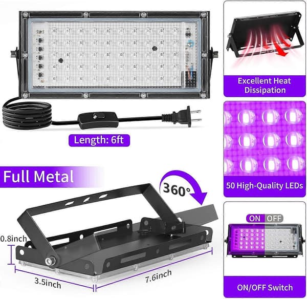 50W LED Black Lights med afbryder+stik, IP66 vandtæt, 2-pak