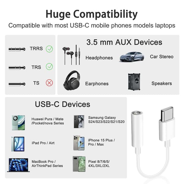 2 USB C til 3,5 mm Jack-adaptere, Type C til Hodetelefon Aux-adapter, Aux til USB C Hodetelefonadapter