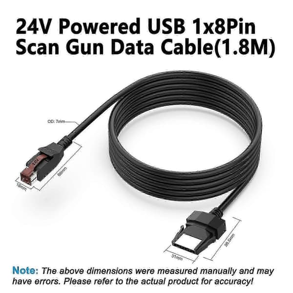 24V strømforsynet USB til 8-bens datakabel til printere og POS-systemer, 1,8 m holdbar sort
