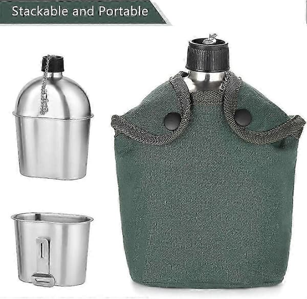 LN-Militær Feltflaskesæt - 1 stk. Feltflaskekopsæt i Rustfrit Stål 1000 ml med Overtrækspose til Udendørs Camping, Vandring, Backpacking