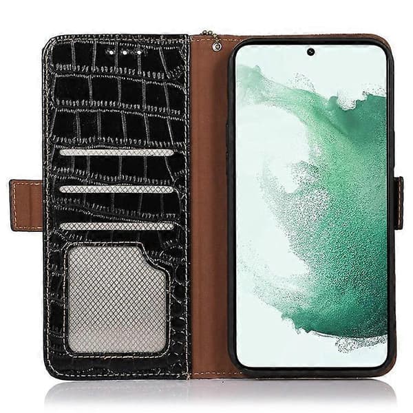 Compatible with Samsung Galaxy S21 FE 5G RFID Genuine Leather Wallet Phone Case, Crocodile Texture Foldable Stand [DB] Black