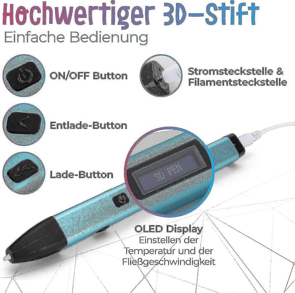 LCD-skærm 3D-pen sæt med 10 farvede filamenter og stencilbog