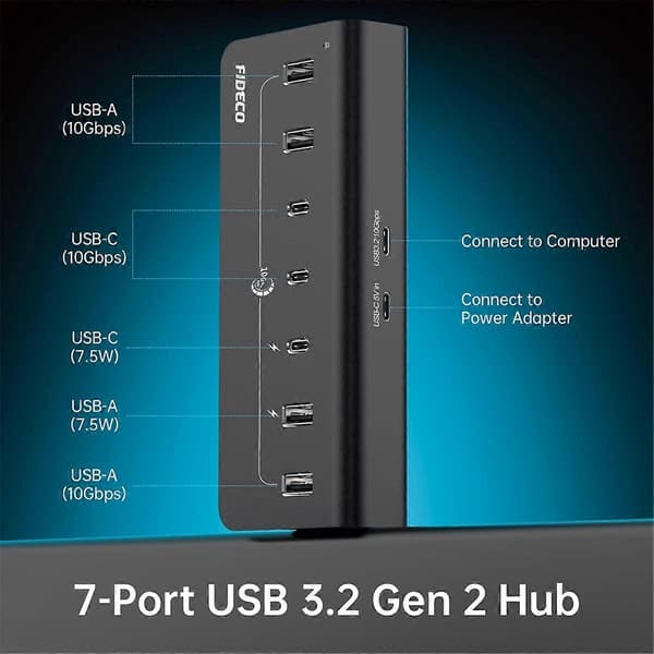 USB-hub 7-porter 10 Gbps USB 3.2 Gen 2-splitter EU-plugg