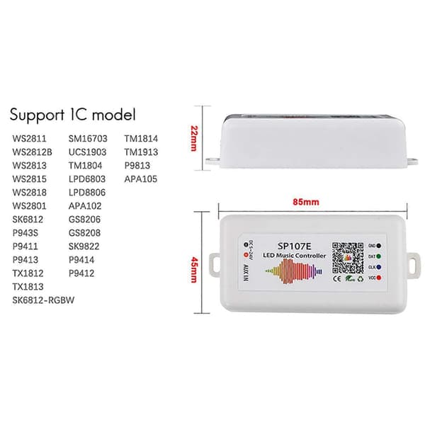 2X SP107E LED-ohjain Bluetooth Smart APP WS2811/2812B valonauhan himmennin musiikkiohjain White