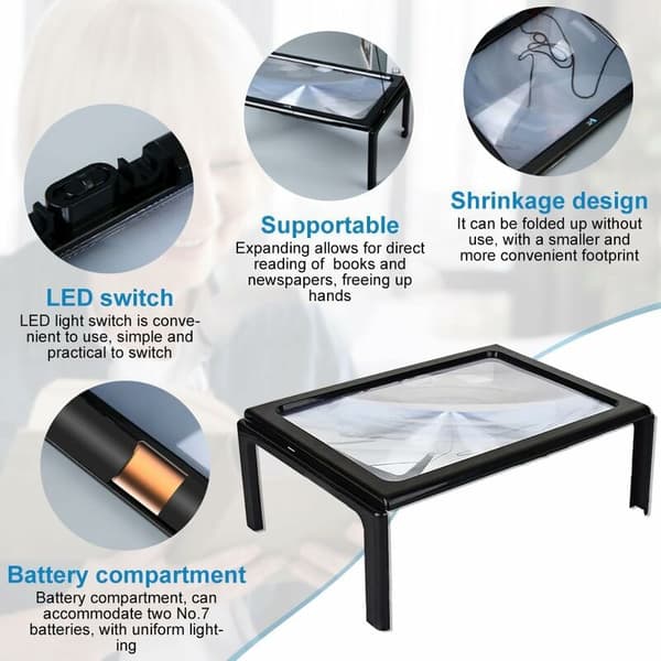 [13R]Belyst forstørrelsesglas til bøger, synshandicappede, ældre, syning, smykker, 3x forstørrelse, A4 rektangulær med LED-lys.