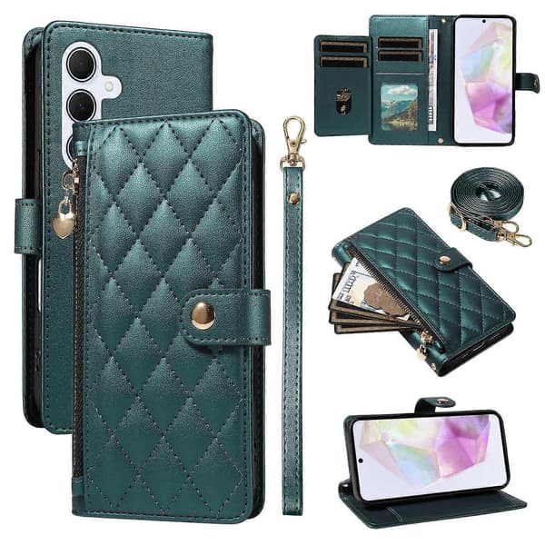 Wallet Case with Straps for Samsung Galaxy A35 5G, Diamond Pattern Leather Stand [DB] Multicolo Multicolor Blackish Green