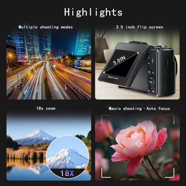 5K Rotatable Screen Vlog Micro Single Camera - 75MP, 18x Zoom White Black