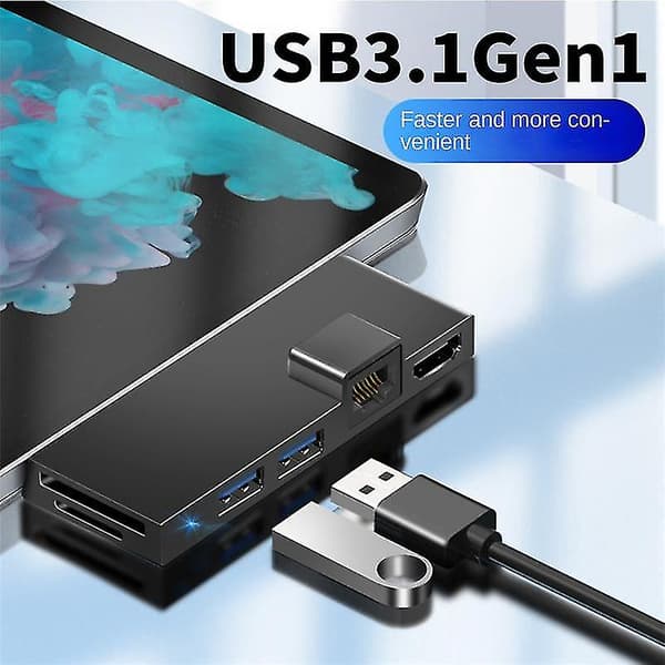Til Surface Pro 4 5 6 Dockingstation Hub med 4K -kompatibel TF-kortlæser Gigabit Ethernet 2 USB-A1 Black