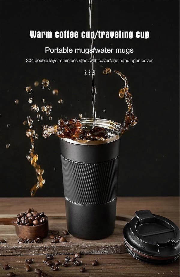Eristetty kahvimuki lämpöruostumattomasta teräksestä valmistettu tyhjiötermos Black 380ml